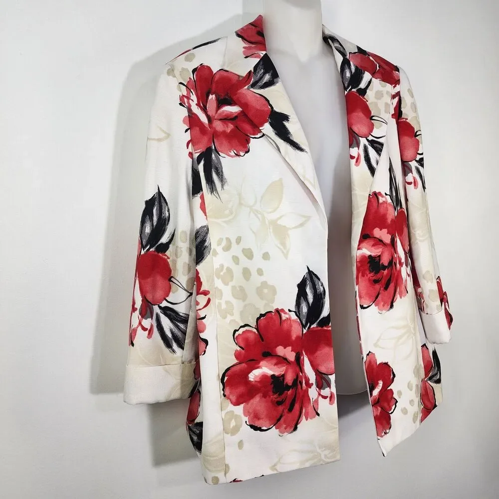 Alfred Dunner Women’s Blazer Size 12 3/4 Sleeve Floral Open Front Pockets Lined